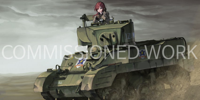 1girl braid browning_m1919 cloud cloudy_sky commission dust dust_cloud emblem girls_und_panzer gloves highres m5_stuart open_mouth original outdoors saunders_(emblem) serious sky solo useless