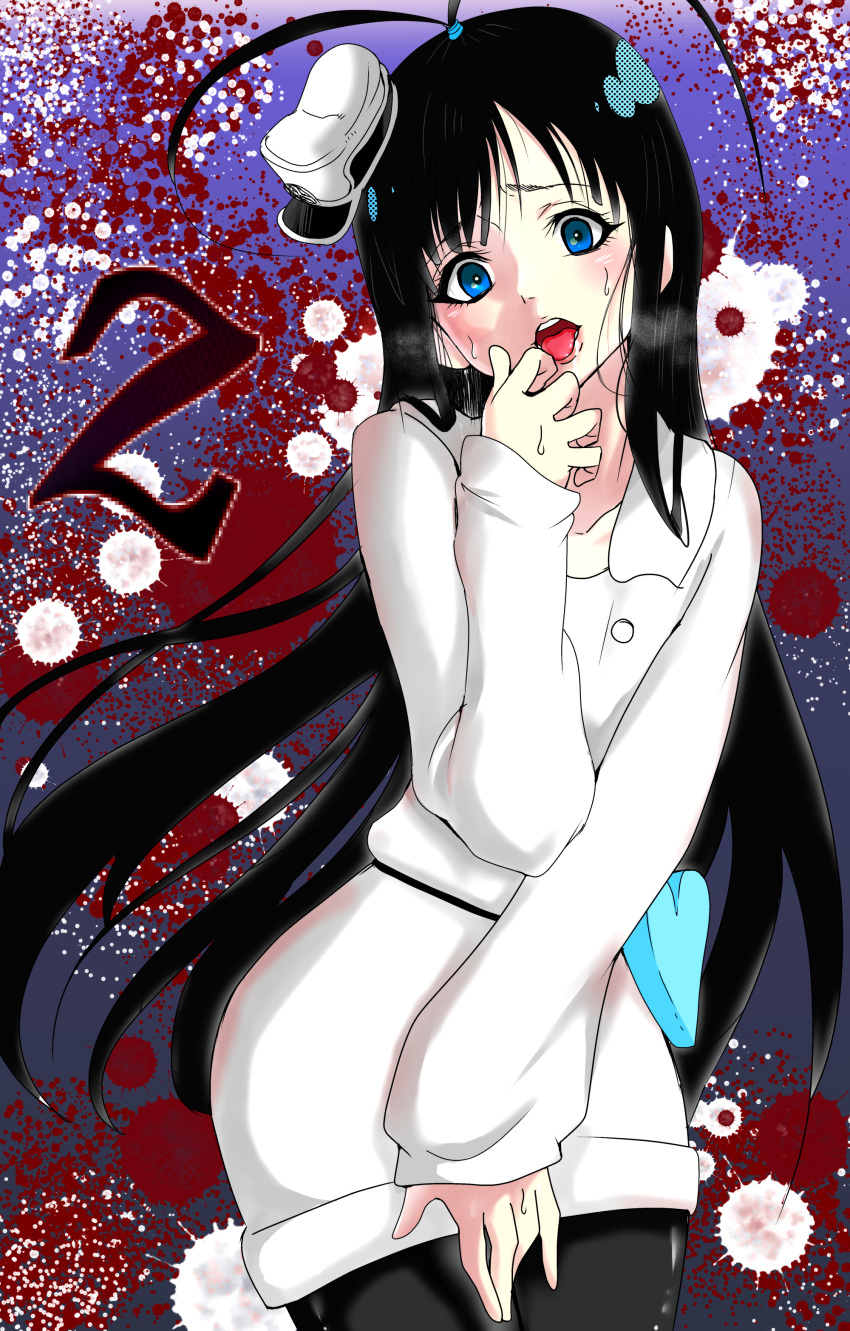 1girl absurdres ahoge bangs black_hair black_pantyhose bleach blood blood_stain blue_eyes blue_heart blush collar collarbone dress eyebrows_hidden_by_hair eyelashes giselle_gewelle hair_over_shoulder hand_on_own_crotch hand_to_own_mouth hand_up hat heart heavy_breathing highres long_hair long_sleeves military military_hat military_uniform miniskirt onuma_kuma open_mouth pantyhose parted_bangs parted_lips skirt solo steam straight_hair sweat teeth tongue uniform upper_body upper_teeth very_long_hair white_collar white_dress