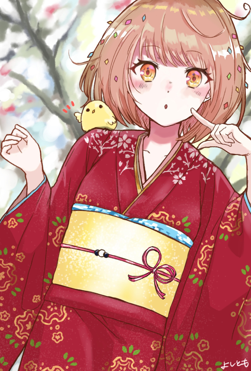 1girl animal_on_shoulder bangs bird blurry bob_cut branch chick collarbone depth_of_field dutch_angle finger_to_face floral_print gradient_eyes highres index_finger_raised japanese_clothes kimono kyota07 light_blush light_brown_hair long_sleeves looking_at_viewer multicolored_eyes new_year obi obijime orange_eyes original outdoors parted_lips pink_ribbon pixiv_username print_kimono red_kimono ribbon sash shiny shiny_hair short_hair solo wide_sleeves yellow_eyes yellow_sash