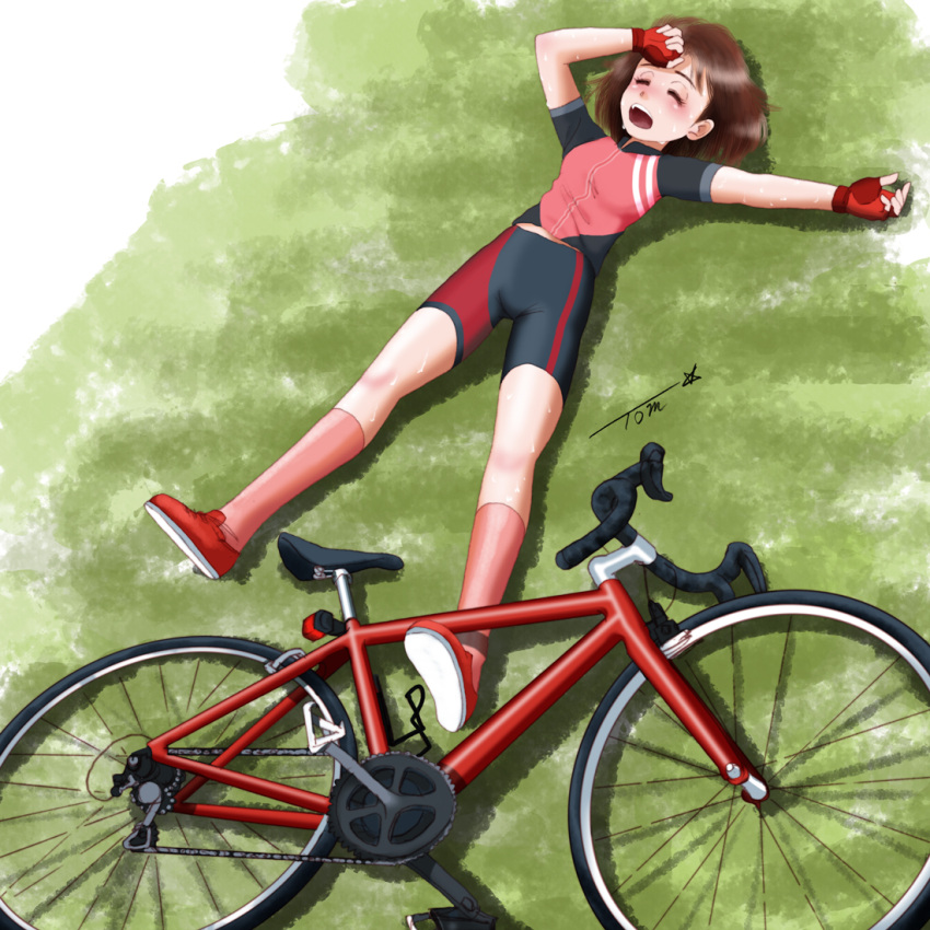 1girl bicycle bike_jersey bike_shorts brown_hair chutohampa closed_eyes cycling_uniform fingerless_gloves full_body gloves grass ground_vehicle hand_on_own_forehead lying on_back open_mouth original outdoors shoes short_hair signature solo