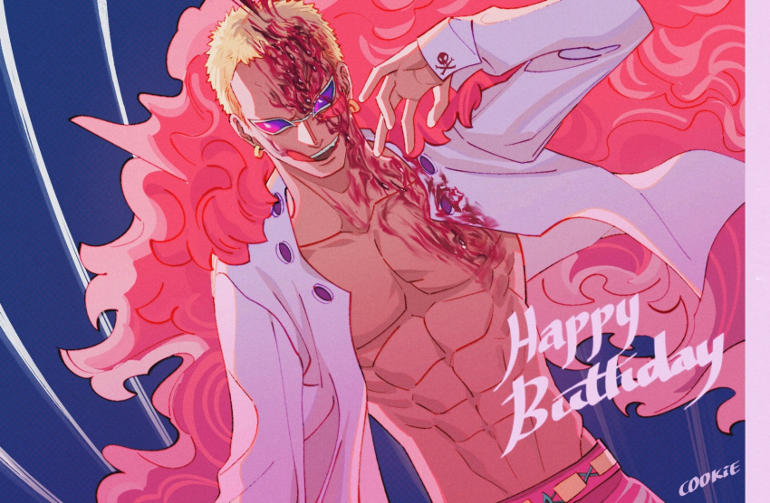 1boy artist_name blonde_hair blood blood_on_face blue_background brancrokie coat donquixote_doflamingo feather_coat happy_birthday highres long_sleeves male_focus muscular one_piece open_clothes open_mouth open_shirt pink_coat shirt short_hair signature smile solo sunglasses teeth tongue tongue_out white_shirt