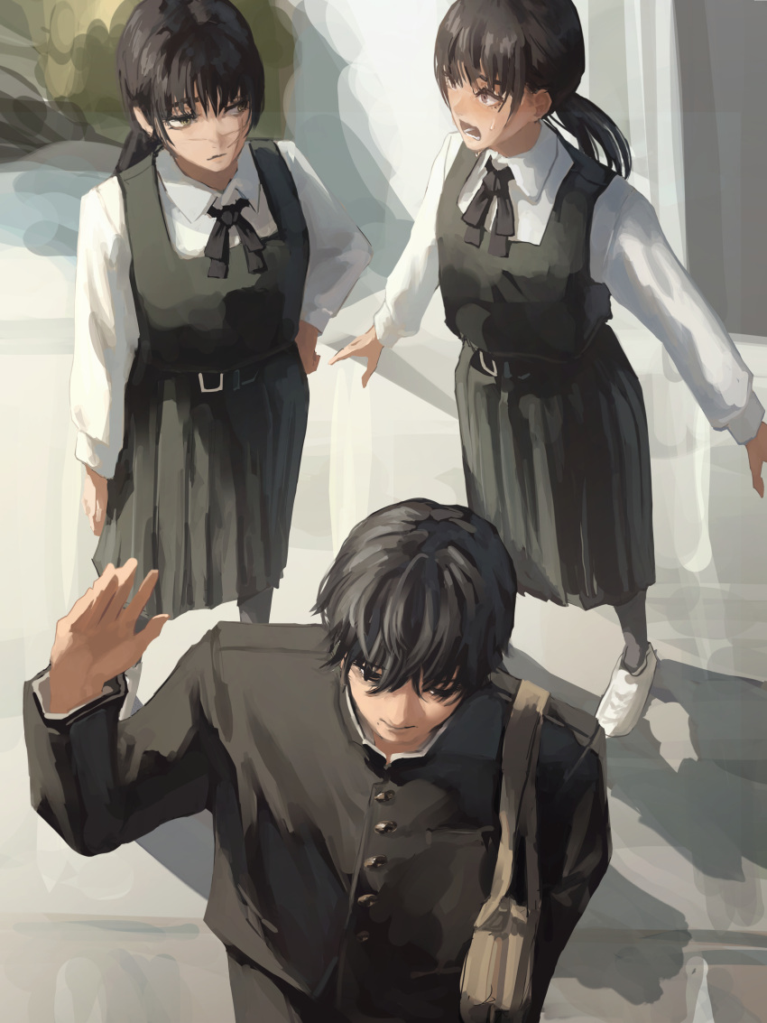 1boy 2girls absurdres ao_desu2222 bag bangs black_dress black_hair black_jacket black_pants black_ribbon blush chainsaw_man collared_shirt cross_scar dress fourth_east_high_school_uniform from_above gakuran highres jacket long_hair looking_at_another looking_away looking_to_the_side mitaka_asa multiple_girls open_mouth pants ribbon scar scar_on_cheek scar_on_face school_uniform shirt short_hair shoulder_bag surprised sweat twintails waving white_shirt yoru_(chainsaw_man) yoshida_hirofumi