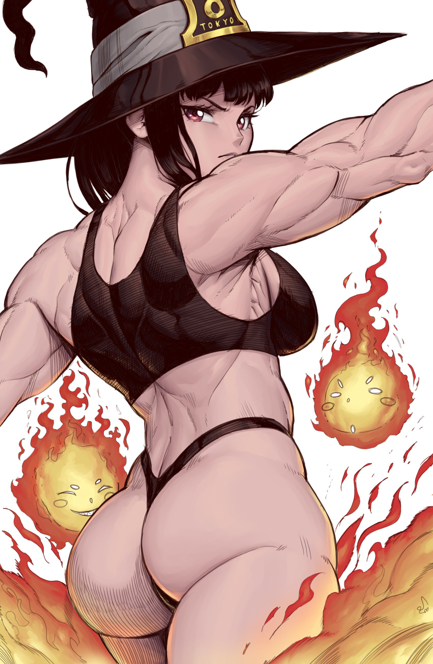 1girl absurdres ass back bare_arms bare_legs biceps black_hair black_singlet deltoids en'en_no_shouboutai fireball hat highres lats looking_at_viewer looking_back maki_oze muscular muscular_female outstretched_arms pale_skin red_eyes speedl00ver thick_thighs thighs thong trapezius witch_hat