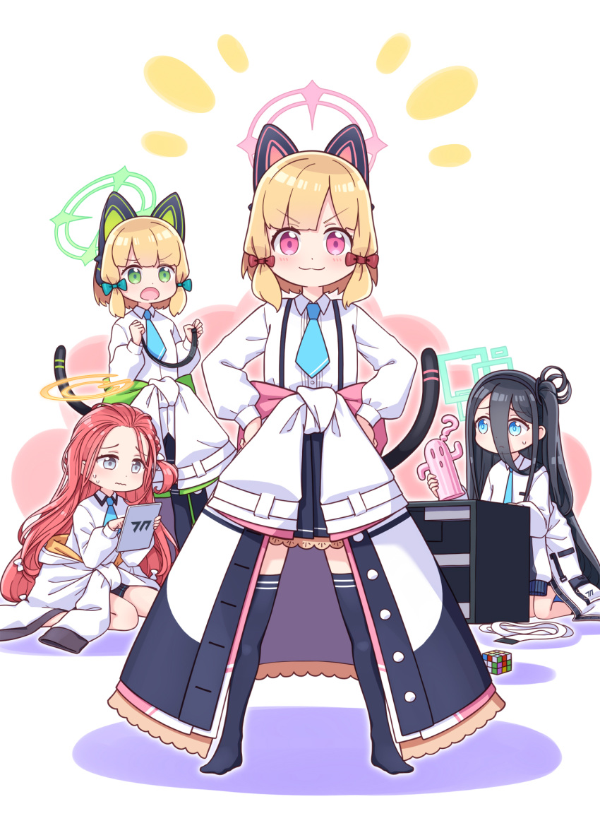 4girls :3 :o ? animal_ear_headphones animal_ears aris_(blue_archive) bangs black_hair black_skirt black_thighhighs blue_archive blue_bow blue_eyes blue_necktie blush bow closed_mouth clothes_around_waist collared_shirt colored_shadow commentary_request fake_animal_ears green_eyes grey_eyes hair_between_eyes hair_bow halo hands_on_hips haniwa_(statue) harada_(sansei_rain) headphones highres holding jacket jacket_around_waist long_sleeves midori_(blue_archive) momoi_(blue_archive) multiple_girls necktie no_shoes one_side_up pink_eyes pleated_skirt puffy_long_sleeves puffy_sleeves red_bow red_hair rubik's_cube shadow shirt sidelocks simple_background sitting skirt standing tablet_pc thighhighs v-shaped_eyebrows wariza wavy_mouth white_background white_jacket white_shirt yuzu_(blue_archive)