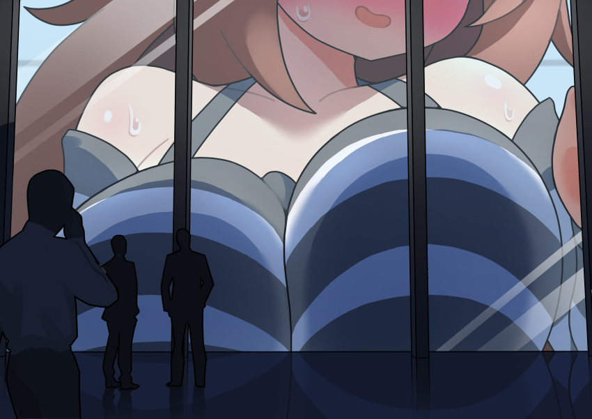 1girl 3boys absurdres against_glass bare_shoulders blush breast_press breasts breasts_on_glass brown_hair commission extra highres huge_breasts long_hair multiple_boys open_mouth original paid_reward_available shiageha023 shirt skeb_commission striped striped_shirt sweat window