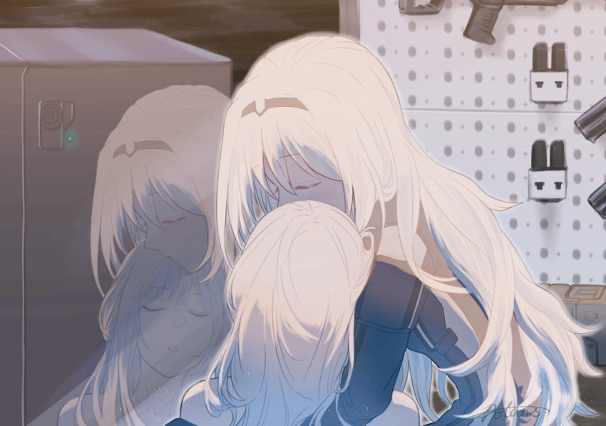 2girls ak-12_(girls'_frontline) an-94_(girls'_frontline) artist_name bangs black_hairband blonde_hair blush chinese_commentary closed_mouth defy_(girls'_frontline) girls'_frontline grey_hair hairband highres hug hug_from_behind long_hair multiple_girls open_mouth purinmeow simple_background tactical_clothes upper_body weapon_on_wall yuri
