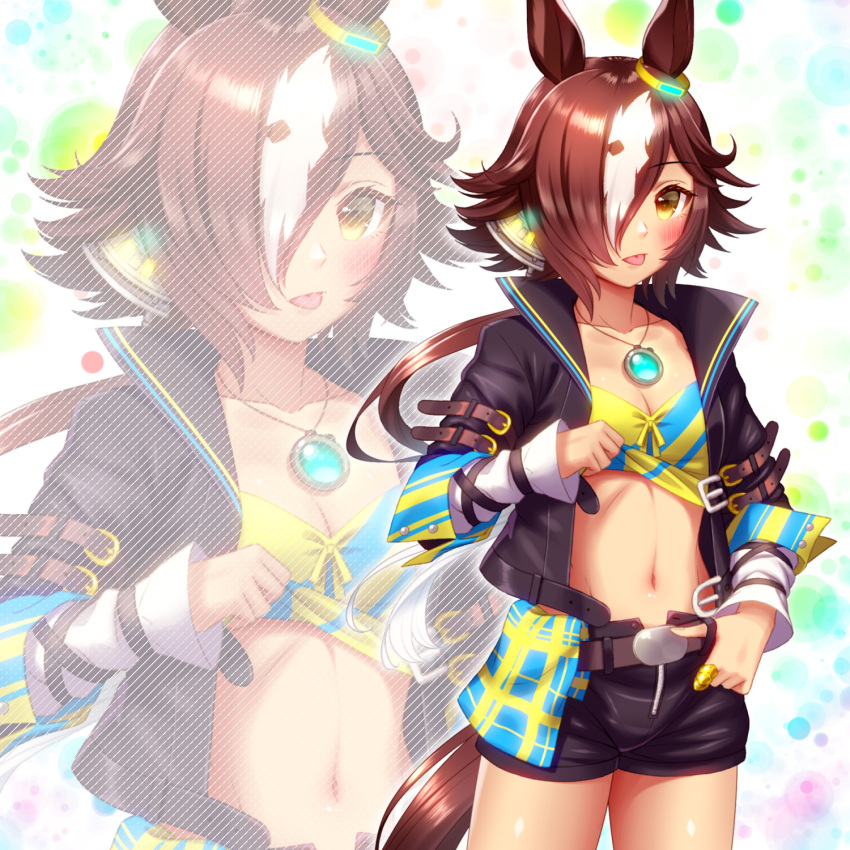 1girl :p animal_ears bangs belt black_shorts blue_shirt blush breasts brown_belt brown_hair cleavage collarbone commentary_request cowboy_shot crop_top ear_ornament groin hair_between_eyes hair_over_one_eye highres horse_ears horse_girl horse_tail jacket long_hair long_sleeves looking_at_viewer low-tied_long_hair midriff multicolored_hair navel shirt short_shorts shorts sidelocks small_breasts standing stopwatch_around_neck streaked_hair sugimotty_nova tail tongue tongue_out umamusume vodka_(umamusume) white_hair yellow_eyes yellow_shirt zoom_layer