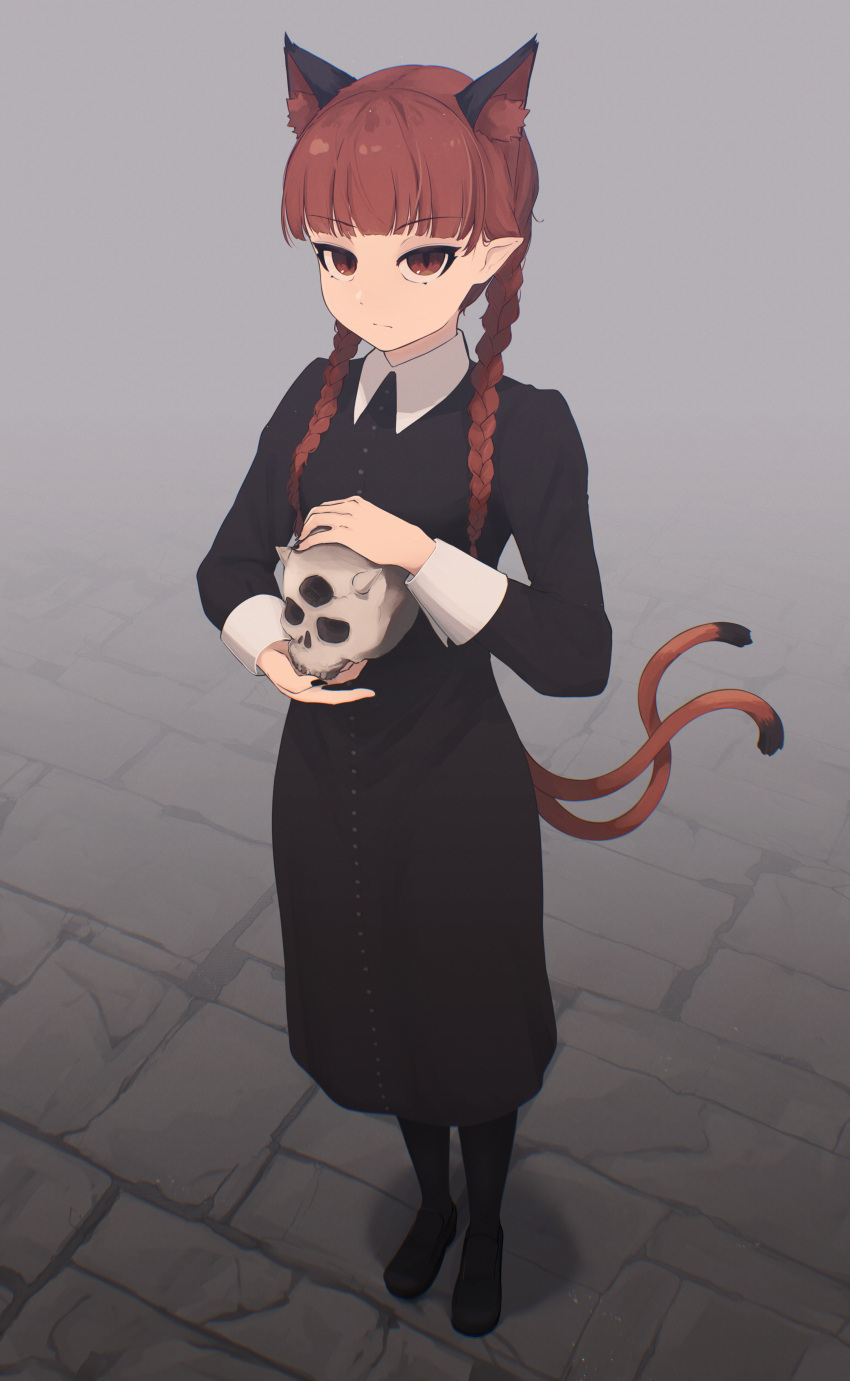 1girl absurdres animal_ears black_dress black_footwear black_pantyhose braid cat_ears cat_tail closed_mouth commission cosplay dress extra_ears from_above full_body highres holding holding_skull kaenbyou_rin long_hair long_sleeves nekomata pantyhose pointy_ears red_eyes red_hair senzaicha_kasukadoki shoes skull solo standing tail touhou twin_braids wednesday_addams