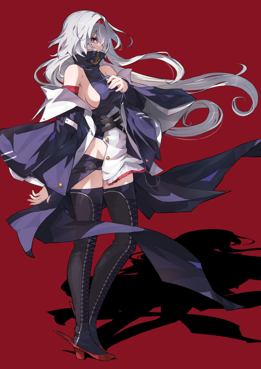 1girl anchor_symbol azur_lane boots breasts buttons coat colorado_(azur_lane) covered_mouth cross-laced_footwear double-breasted dress from_side full_body hair_over_one_eye hairband high_heel_boots high_heels highres long_hair looking_at_viewer medium_breasts pelvic_curtain ramuya_(lamb) red_background red_hairband shadow shirt sideboob simple_background sleeveless sleeveless_dress sleeveless_shirt solo standing thigh_boots very_long_hair white_hair