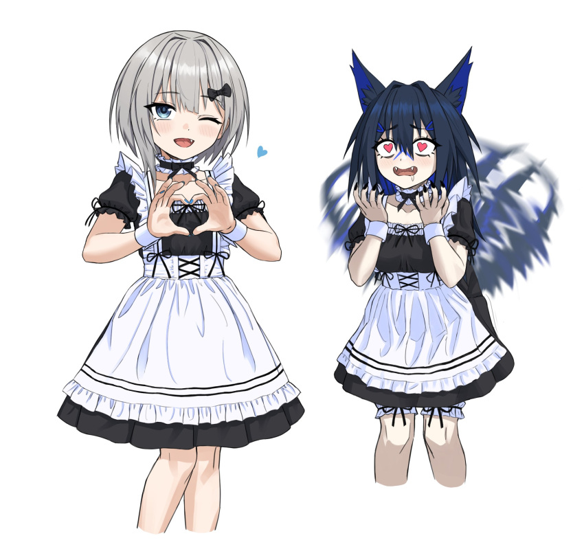 2girls :d alternate_costume animal_ear_fluff animal_ears apron bangs black_bow black_choker black_dress black_hair black_nails blue_eyes blue_hair blue_nails blush bow breasts bridal_garter choker collarbone colored_inner_hair commentary cowboy_shot cropped_legs dress drooling enmaided eyes_visible_through_hair fang fang_out fangs fangs_out flat_chest frilled_choker frills frown grey_hair hair_between_eyes hair_bow hair_intakes hair_ornament hairclip heart heart_hands highres knees_together_feet_apart lomito_(rurine_luna) long_hair lovestruck maid multicolored_hair multiple_girls nail_polish one_eye_closed puffy_short_sleeves puffy_sleeves rurine_luna short_hair short_sleeves simple_background small_breasts smile spanish_commentary standing tail tail_wagging two-tone_hair virtual_youtuber wactor_production white_apron white_background wolf_ears wolf_girl wrist_cuffs yof_(sc_gazer)