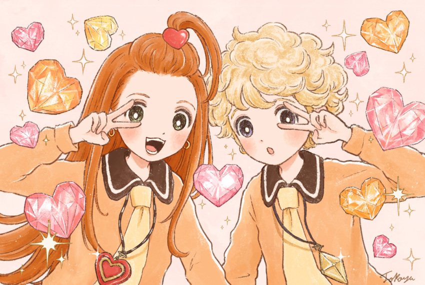 2girls artist_name bangs_pinned_back blonde_hair blue_eyes bright_pupils brown_collar collar commentary_request curly_hair finger_to_eye green_eyes hair_ornament heart heart_hair_ornament jewelry long_hair long_sleeves looking_at_viewer magical_girl meilleure_chocolat mieux_vanilla multiple_girls necklace necktie open_mouth orange_hair orange_shirt pendant pixiv_username romaji_text shirt short_hair star_(symbol) sugar_sugar_rune teeth tokoyu tongue two-tone_shirt v white_background white_pupils yellow_necktie