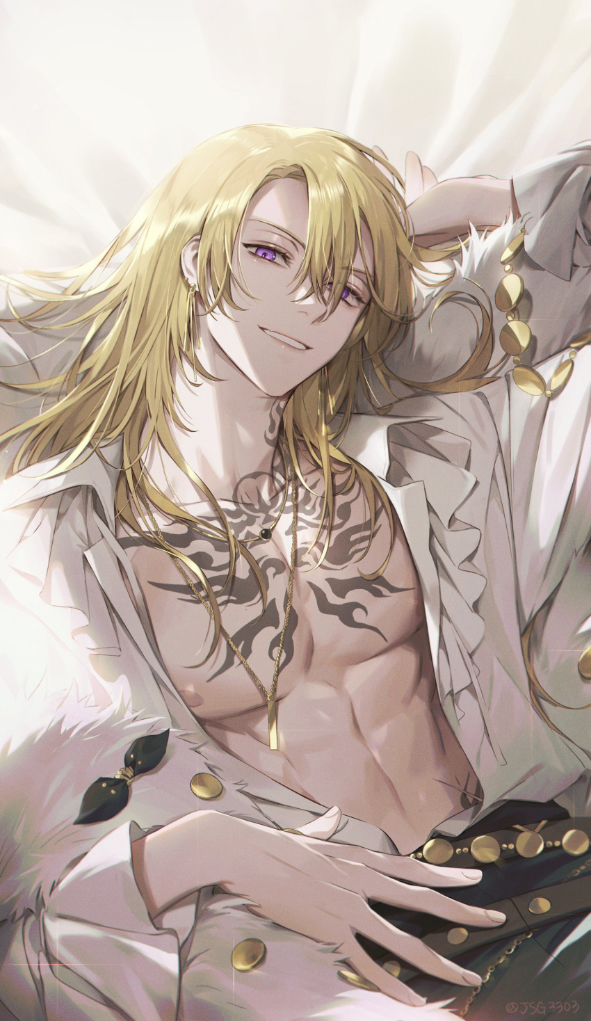 1boy abs absurdres arm_up artist_name bangs bed_sheet belt blonde_hair chain chest_tattoo coat collared_shirt commentary earrings english_commentary eyelashes fur-trimmed_coat fur_trim gold_chain hair_between_eyes highres jewelry long_hair long_sleeves looking_at_viewer luca_kaneshiro lying male_focus necklace nijisanji nijisanji_en on_back open_clothes open_coat open_shirt pants parted_bangs parted_lips pectorals purple_eyes shirt sidelocks smile solo subob_(jsg3303) tattoo teeth twitter_username upper_body virtual_youtuber white_coat white_shirt