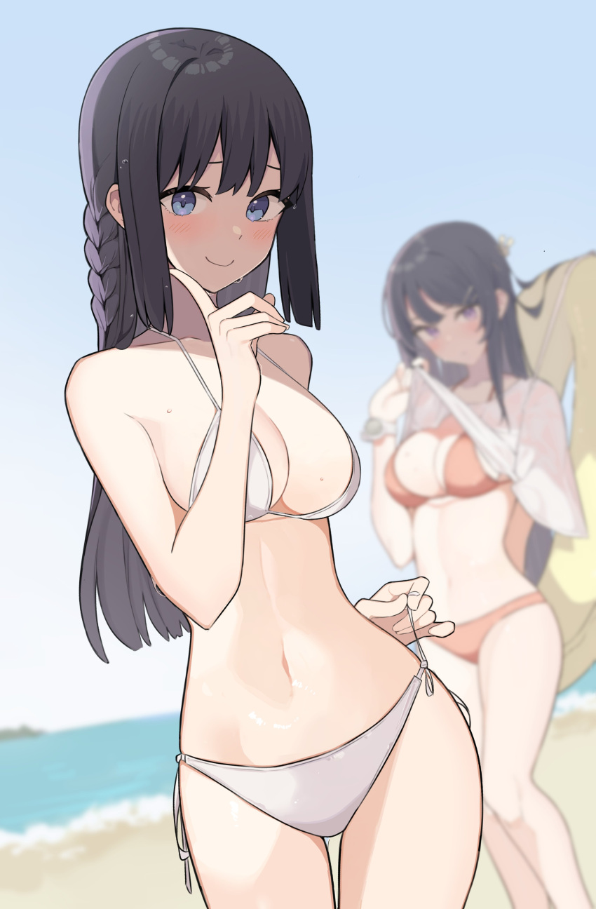 2girls absurdres asakura_nuruma beach bikini bikini_tug black_hair blue_eyes blue_sky blurry blurry_background blush braid breasts cleavage clothes_lift depth_of_field expressionless feet_out_of_frame finger_to_own_chin hair_between_eyes hair_ornament highres innertube makinohara_shouko medium_breasts midriff multiple_girls navel outdoors rabbit_hair_ornament red_bikini sakurajima_mai sand see-through see-through_shirt seishun_buta_yarou shirt shirt_lift shirt_removed single_braid sky smile stomach string_bikini string_pull swimsuit thighs watch water wet wet_face wet_hair white_bikini white_shirt wide_hips wristwatch yellow_innertube