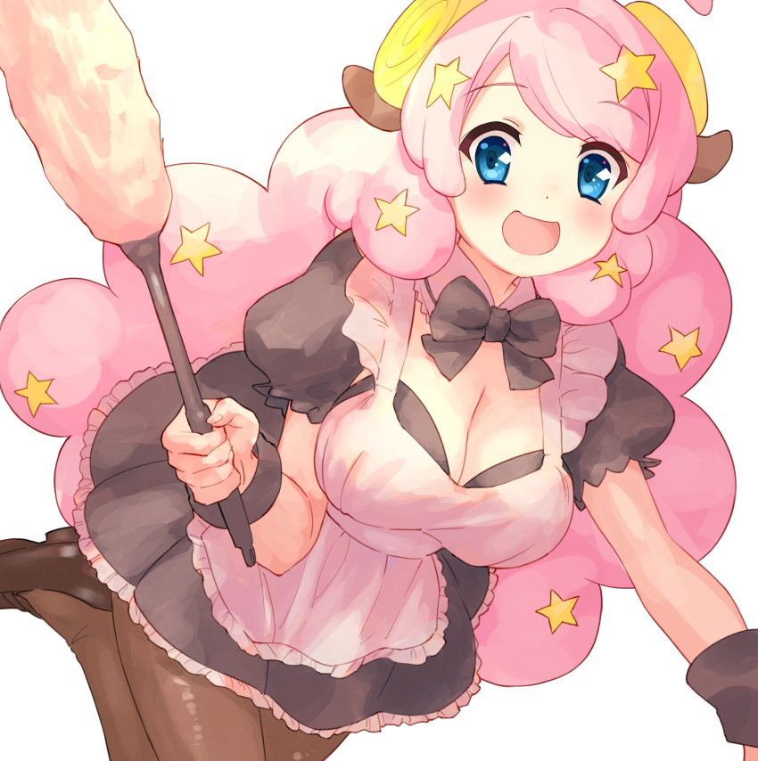 1girl :d apron bangs black_bow black_dress black_footwear blue_eyes bow breasts brown_pantyhose cleavage cow_horns dress duster frilled_apron frills hair_ornament highres horns large_breasts loafers long_hair looking_at_viewer maid_apron moa_(show_by_rock!!) nyama pantyhose pink_hair puffy_short_sleeves puffy_sleeves shoes short_sleeves show_by_rock!! simple_background smile solo star_(symbol) star_hair_ornament very_long_hair white_apron white_background wrist_cuffs