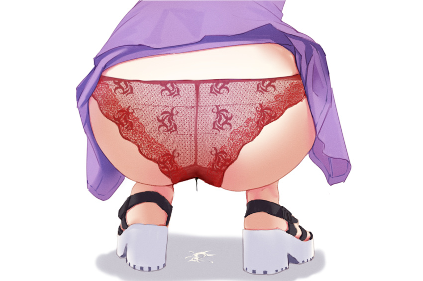 ass ass_focus from_behind highres lace meoko original panties purple_shirt pussy_juice pussy_juice_drip_through_clothes pussy_juice_puddle red_panties shadow shirt shoes squatting underwear white_background