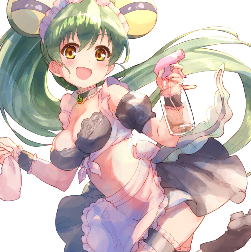 1girl :d apron bangs black_choker black_skirt blush boots bottle breasts brown_eyes brown_footwear choker cleavage cloth frilled_apron frills green_hair hair_between_eyes highres holding jacqueline_(show_by_rock!!) long_hair looking_at_viewer medium_breasts nyama pleated_skirt ponytail show_by_rock!! simple_background skirt smile solo spray_bottle thigh_strap very_long_hair waist_apron white_apron white_background
