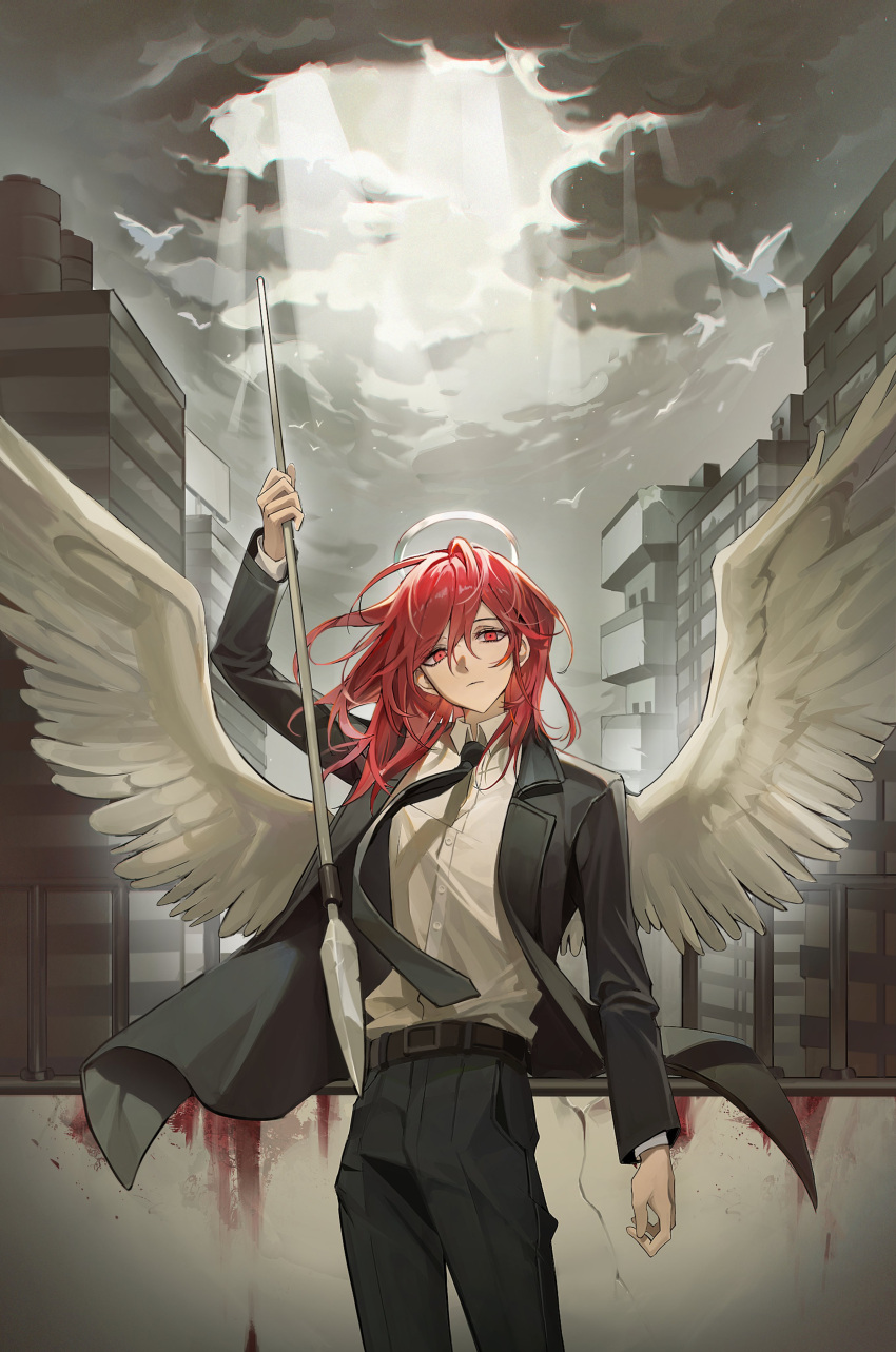 1boy absurdres angel_devil_(chainsaw_man) angel_wings bangs black_jacket black_necktie blood chainsaw_man cityscape cloud cloudy_sky collared_shirt eeleng feathered_wings formal halo highres holding holding_polearm holding_weapon jacket light_rays looking_at_viewer medium_hair necktie polearm red_eyes red_hair shirt shirt_tucked_in sky solo suit sunbeam sunlight weapon white_shirt white_sky white_wings wings