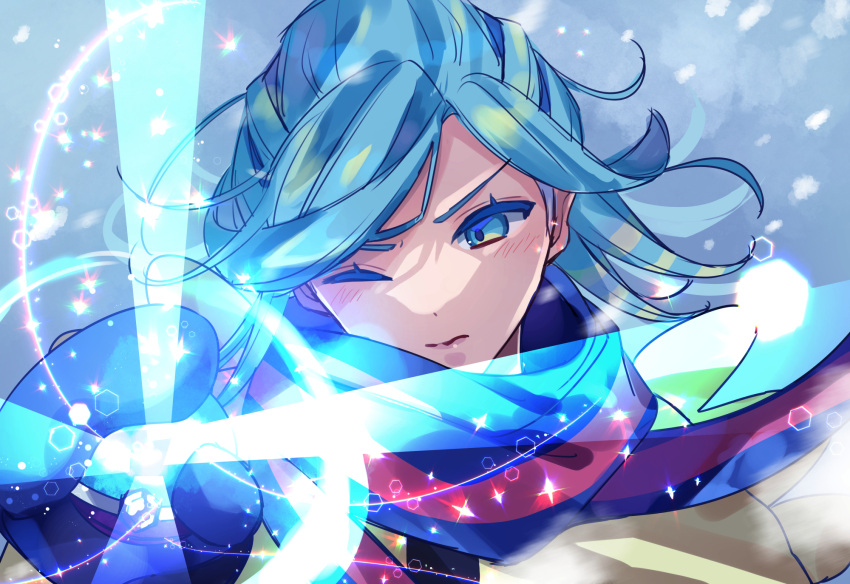 1boy bangs blue_eyes blue_hair blue_mittens blush closed_mouth commentary_request eyelashes glowing grusha_(pokemon) highres holding jacket long_hair male_focus one_eye_closed pokemon pokemon_(game) pokemon_sv rukito scarf solo sparkle striped striped_scarf tera_orb yellow_jacket