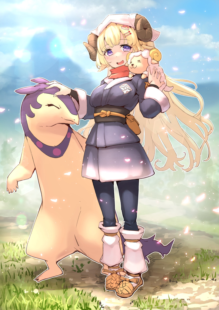 1girl akari_(pokemon) akari_(pokemon)_(cosplay) animal_on_shoulder blonde_hair breasts cosplay full_body galaxy_expedition_team_survey_corps_uniform grass head_scarf headpat highres hisuian_typhlosion hololive horns large_breasts mitsuru_(pixiv_34028718) open_mouth petals pokemon pokemon_(game) pokemon_legends:_arceus pouch purple_hair red_scarf scarf sheep sheep_girl sheep_horns smile tsunomaki_watame virtual_youtuber watamate