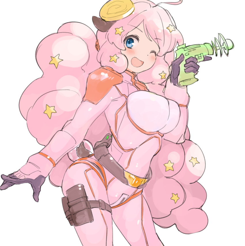 1girl ;d ahoge animal_ears bangs blue_eyes bodysuit breasts cowboy_shot energy_gun gun hair_ornament highres holding holding_gun holding_weapon large_breasts leaning_forward long_hair looking_at_viewer moa_(show_by_rock!!) nyama one_eye_closed pink_bodysuit pink_hair ray_gun show_by_rock!! simple_background smile solo star_(symbol) star_hair_ornament tail trigger_discipline very_long_hair weapon white_background