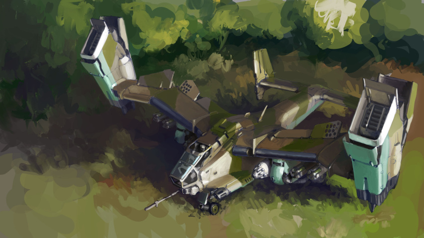 aircraft canopy_(aircraft) english_commentary from_above grass highres mike_doscher military military_vehicle no_humans original revision solo thrusters tree vehicle_focus vtol