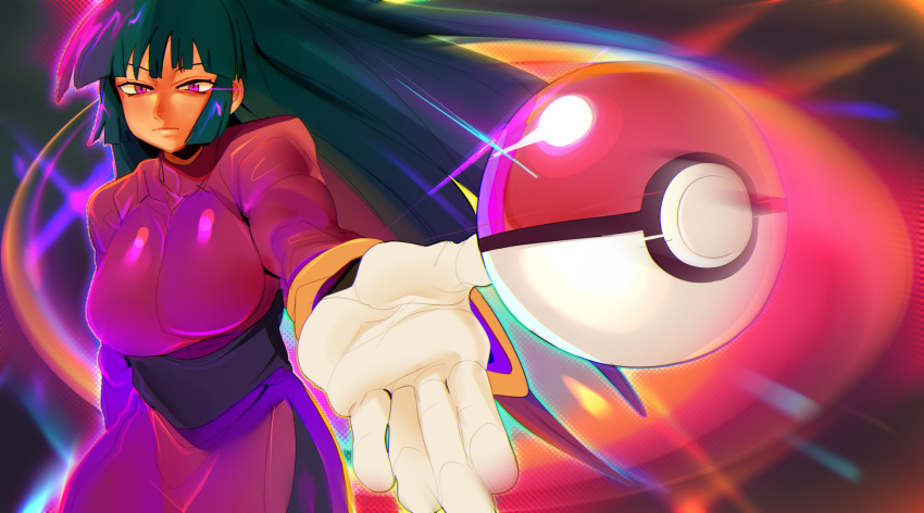 1girl bangs breasts cashumeru closed_mouth dress gloves highres large_breasts long_hair long_sleeves looking_at_viewer outstretched_arm poke_ball poke_ball_(basic) pokemon purple_eyes sabrina_(pokemon) solo white_gloves
