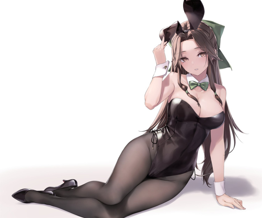 1girl alternate_costume animal_ears black_leotard bow bowtie breasts brown_eyes brown_hair cleavage detached_collar fake_animal_ears hair_ribbon high_heels highres jintsuu_(kancolle) jintsuu_kai_ni_(kancolle) kantai_collection large_breasts leotard long_hair on_floor pantyhose playboy_bunny rabbit_ears ribbon rokuwata_tomoe strapless strapless_leotard white_background wrist_cuffs