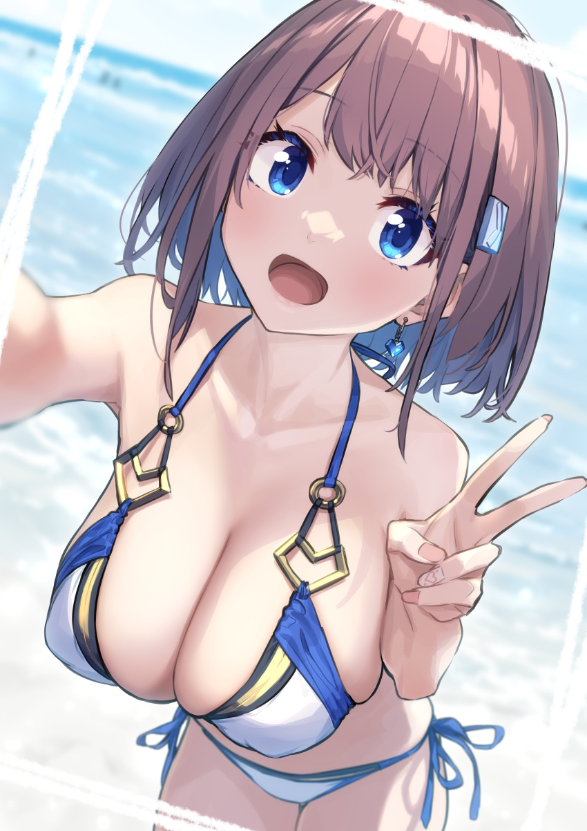 1girl absurdres baffu bikini blue_eyes breasts brown_hair cleavage highres hitoyo_(baffu) huge_breasts midriff navel open_mouth original peace_symbol short_hair solo swimsuit v