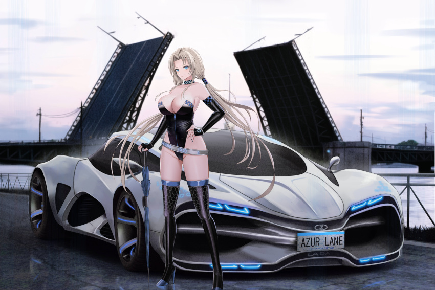 1girl absurdres alternate_costume azur_lane bangs bare_shoulders belt black_choker black_footwear black_gloves black_leotard blonde_hair blue_eyes boots breasts bridge car choker cleavage closed_mouth cloud collarbone commentary elbow_gloves fingerless_gloves full_body gloves grey_belt ground_vehicle hand_on_hip high_heel_boots high_heels highleg highleg_leotard highres holding holding_umbrella kcar66t kronshtadt_(azur_lane) lada_(car) lada_raven large_breasts leotard long_hair looking_at_viewer low_twintails mole mole_on_breast motor_vehicle outdoors parted_bangs race_queen riverbank shadow sidelocks solo sports_car standing strapless strapless_leotard thigh_boots twintails umbrella very_long_hair
