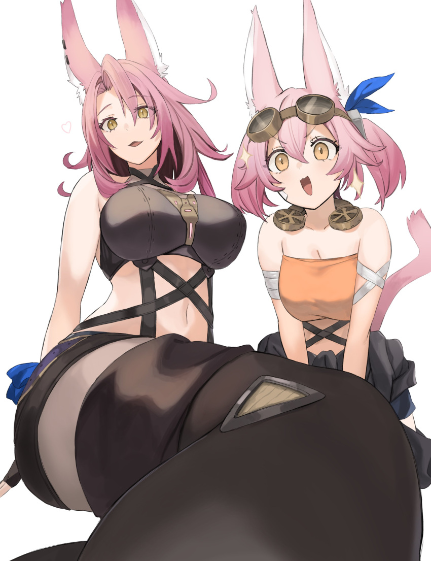 2girls absurdres animal_ear_fluff animal_ears bandages boots breasts commentary crop_top duel_monster ear_piercing ganesagi goggles goggles_on_head hair_between_eyes highres kitt_(yu-gi-oh!) large_breasts midriff multiple_girls navel open_mouth piercing pink_hair siblings sidelocks sisters sitting slit_pupils tail thigh_boots tri-brigade_ferrijit_the_barren_blossom tri-brigade_kitt twintails yellow_eyes yu-gi-oh!