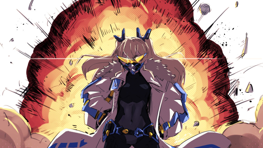 1girl backlighting black_bodysuit blonde_hair bodysuit debris explosion fur-trimmed_jacket fur_trim goddess_of_victory:_nikke hands_on_hips highres jacket laplace_(nikke) mask puffy_sleeves sawasa skin_tight solo splint twintails upper_body visor_(armor) white_jacket