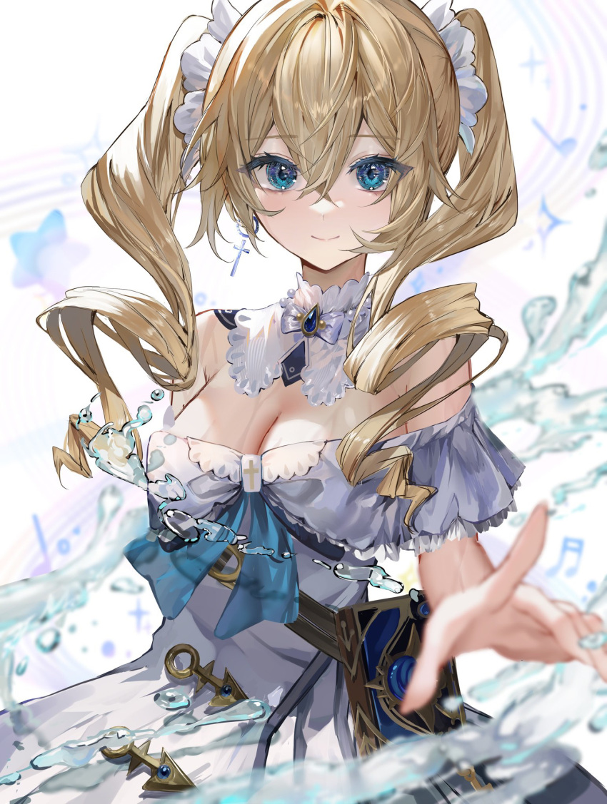 1girl bangs barbara_(genshin_impact) bare_shoulders blonde_hair blue_eyes blue_gemstone breasts brooch cleavage cross cross_earrings crossed_bangs dress drill_hair earrings gem genshin_impact hair_between_eyes highres jewelry looking_at_viewer medium_breasts off-shoulder_dress off_shoulder outstretched_hand raiya_atelier short_sleeves simple_background solo twin_drills twintails upper_body water white_background white_dress
