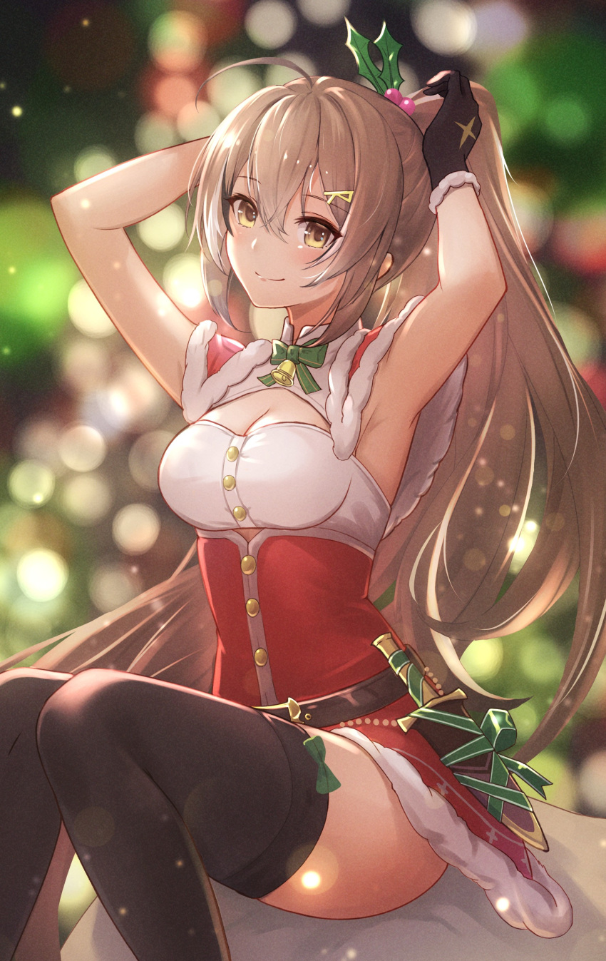 1girl absurdres ahoge alternate_costume armpits arms_behind_head arms_up bangs bare_arms bell belt black_gloves black_thighhighs blurry bodice bokeh bow bowtie breasts brown_belt brown_eyes brown_hair buttons capelet christmas cleavage cleavage_cutout clothing_cutout commentary depth_of_field english_commentary feet_out_of_frame fur-trimmed_gloves fur_trim gloves green_bow green_bowtie green_ribbon hair_between_eyes hair_ornament hairclip highres hololive hololive_english knees_together_feet_apart light_particles long_hair looking_at_viewer medium_breasts mistletoe multicolored_hair nanashi_mumei neck_bell partially_fingerless_gloves ponytail red_bodice red_capelet ribbon santa_costume shirt sidelocks sitting smile solo streaked_hair thighhighs tokisaka_makoto tying_hair very_long_hair virtual_youtuber white_shirt