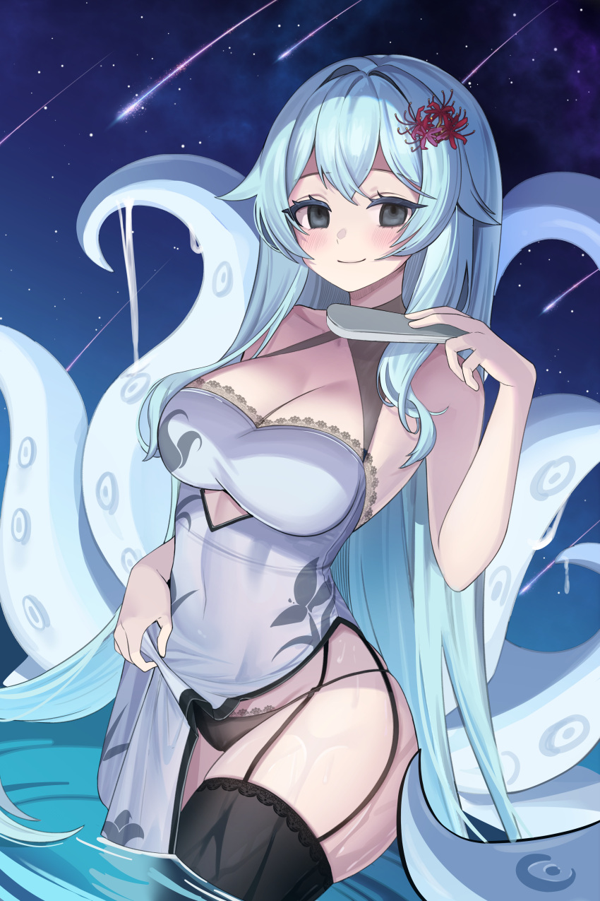 1girl absurdres bangs black_eyes blue_hair blush breasts character_request china_dress chinese_clothes cleavage copyright_request dress flower folding_fan garter_straps hair_flower hair_ornament halter_dress halterneck hand_fan highres holding holding_fan kaho_oco large_breasts long_hair night night_sky panties ripples shooting_star side_slit skirt_hold sky smile solo spider_lily star_(sky) tentacles thighhighs underwear very_long_hair wading water