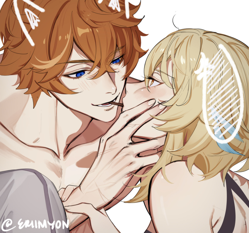 1boy 1girl animal_ears blonde_hair blue_eyes blush collarbone couple drawn_ears eriimyon fake_animal_ears food genshin_impact hand_on_another's_cheek hand_on_another's_face hetero lumine_(genshin_impact) orange_hair pocky pocky_day pocky_in_mouth short_hair simple_background tartaglia_(genshin_impact) topless_male upper_body white_background