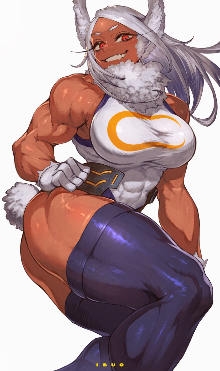 1girl absurdres animal_ears armpit_crease artist_name bangs bare_shoulders biceps boku_no_hero_academia breasts covered_abs crescent_print dark-skinned_female dark_skin fur_collar gloves grin hand_on_hip highleg highleg_leotard highres ibuo_(ibukht1015) large_breasts leotard long_eyelashes long_hair looking_at_viewer mirko muscular muscular_female parted_bangs purple_thighhighs rabbit_ears rabbit_girl rabbit_tail red_eyes sleeveless_turtleneck_leotard smile solo tail taut_leotard teeth thick_thighs thighhighs thighs twisted_torso white_gloves white_hair white_leotard