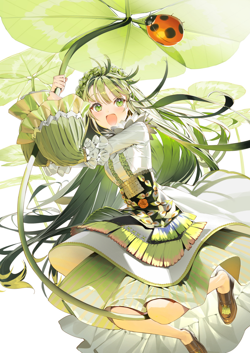 1girl brown_footwear bug frilled_skirt frilled_sleeves frills green_eyes green_hair green_skirt highres kitada_mo ladybug leaf_umbrella long_hair long_sleeves open_mouth original skirt smile wide_sleeves