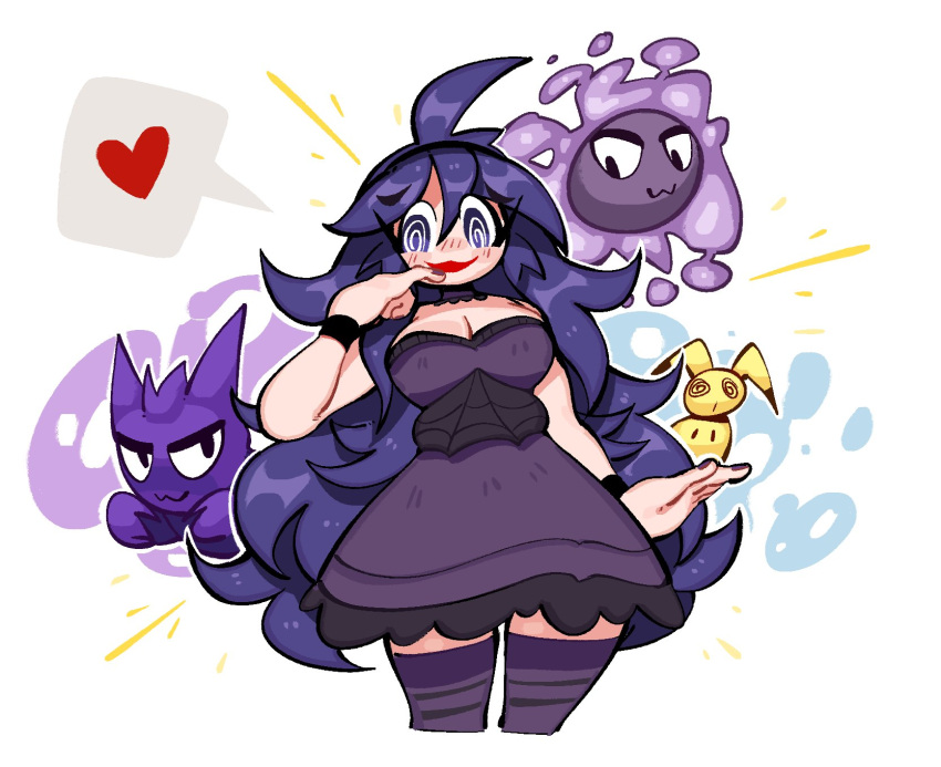 1girl @_@ adapted_costume alternate_breast_size black_dress breasts cleavage dress gastly hairband haunter hex_maniac_(pokemon) highres kaziedell large_breasts long_dress messy_hair mimikyu pokemon pokemon_(game) pokemon_xy purple_eyes purple_hair purple_hairband