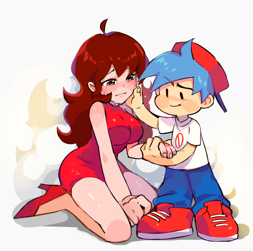 1boy 1girl absurdres ahoge baseball_cap benzbt blue_hair blue_pants blush blush_stickers boyfriend_(friday_night_funkin') breasts brown_hair cleavage crying crying_with_eyes_open dress friday_night_funkin' full_body girlfriend_(friday_night_funkin') hand_on_another's_cheek hand_on_another's_face hat height_difference high_heels highres holding_hands large_breasts long_hair pants red_dress red_footwear seiza shirt shoes sitting standing tears white_shirt
