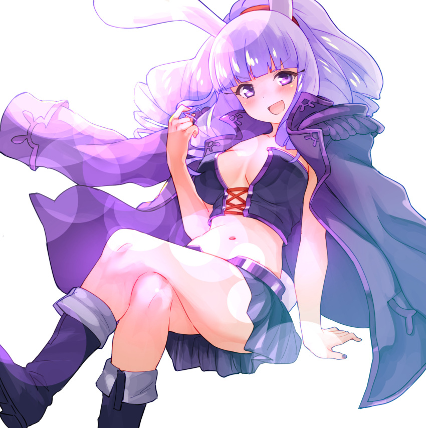 1girl :d animal_ears bangs black_footwear black_jacket black_skirt blunt_bangs blush boots breasts bustier chuchu_(show_by_rock!!) crossed_legs drill_hair epaulettes feet_out_of_frame hair_twirling hand_up highres jacket jacket_on_shoulders long_hair looking_at_viewer medium_breasts navel nyama pleated_skirt purple_eyes purple_hair rabbit_ears show_by_rock!! simple_background skirt smile solo v-shaped_eyebrows white_background