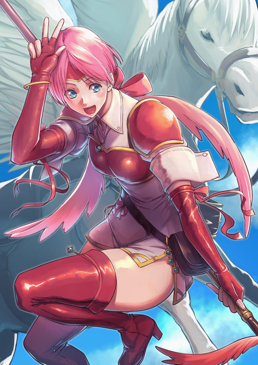 1girl :d aduti_momoyama armor bangs belt belt_buckle blue_eyes blue_sky boobplate boots bracelet breasts bridle brown_belt buckle cloud collared_dress day dress elbow_gloves fire_emblem fire_emblem:_path_of_radiance fire_emblem:_radiant_dawn fire_emblem_heroes gloves hand_up headband highres holding holding_polearm holding_weapon jewelry left-handed marcia_(fire_emblem) medium_breasts necklace open_mouth parted_bangs pegasus pegasus_knight_uniform_(fire_emblem) pink_hair polearm red_armor red_footwear red_gloves red_headband red_thighhighs short_dress short_hair shoulder_armor side_slit sky smile spear thigh_boots thighhighs thighs weapon white_dress