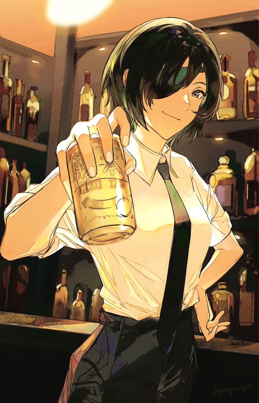 1girl alcohol bar_(place) beer beer_bottle beer_can black_hair black_necktie black_pants bottle breasts can chainsaw_man collared_shirt dr_woodpecker eyepatch hand_on_hip highres himeno_(chainsaw_man) holding holding_can looking_at_viewer medium_breasts necktie pants shelf shirt shirt_tucked_in short_hair smile solo white_shirt wine_bottle yellow_theme