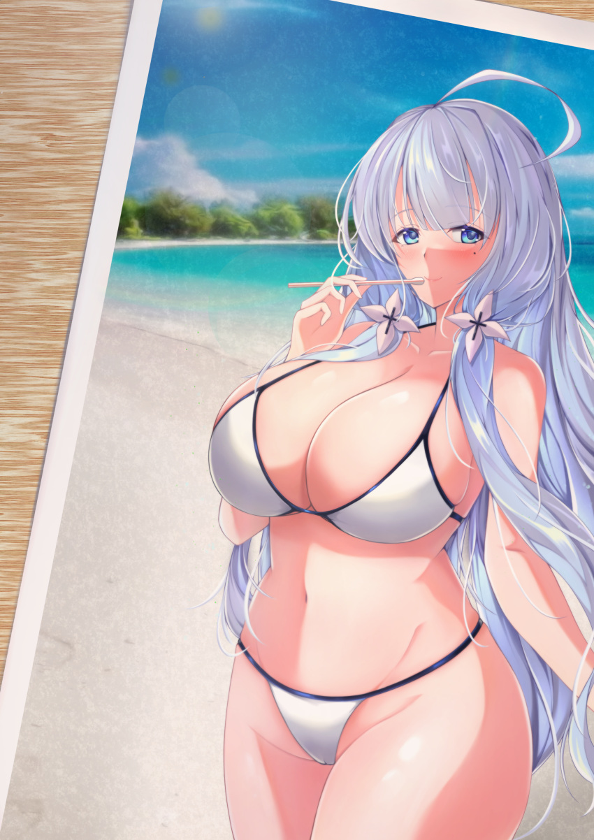 1girl absurdres ahoge alternate_costume azur_lane beach bikini blue_eyes breasts cela_f day hair_ornament highres huge_breasts illustrious_(azur_lane) long_hair looking_at_viewer mole mole_under_eye outdoors solo standing summer swimsuit very_long_hair water white_bikini white_hair