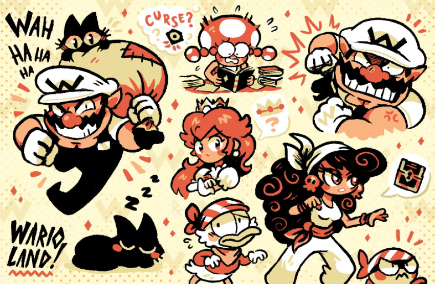 bandana black_cat black_overalls captain_syrup cat crown dangerous_duck earrings facial_hair grin holding holding_sack jewelry limited_palette mario_(series) mustache oniri_boy overalls pirate_goom pixel_art pointy_ears princess_peach princess_shokora sack shirt skull_earrings smile toadette treasure_chest wario wario_land white_headwear white_shirt