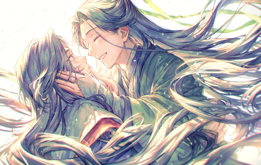 2boys black_hair character_request closed_eyes hands_on_another's_face highres long_hair long_sleeves looking_at_another multiple_boys open_mouth ren_zhafan_paijizu_xitong ribbon shen_qingqiu shigaraki_(strobe_blue) simple_background smile traditional_clothes white_background