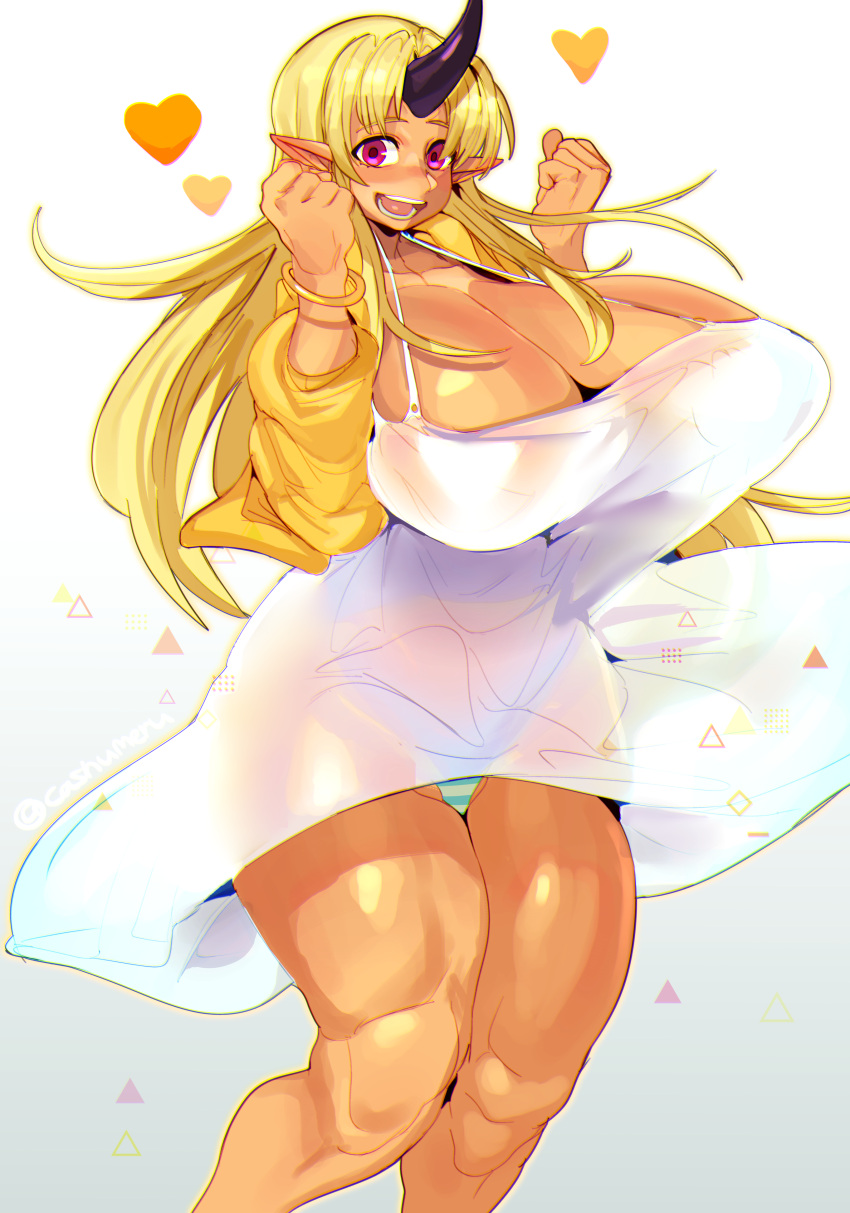 1girl :d absurdres blonde_hair breasts cashumeru clenched_hands dress happy heart highres horns huge_breasts long_hair looking_at_viewer monster_girl monster_musume_no_iru_nichijou open_mouth pink_eyes pointy_ears single_horn smile solo tall_female thick_thighs thighs tionishia white_dress