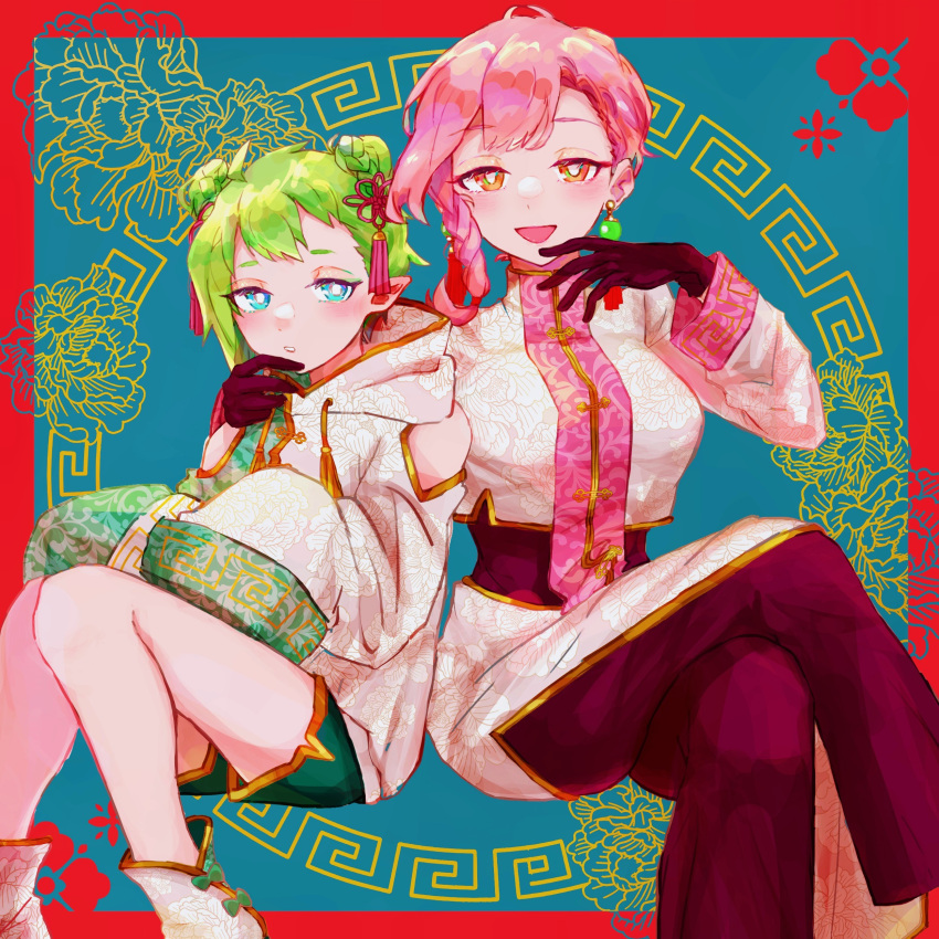 2girls absurdres arm_around_shoulder blue_eyes border braid braided_bun breasts bright_pupils brown_eyes chinese_clothes clothing_cutout commentary crossed_legs double_bun earrings gloves green_hair green_shorts hair_behind_ear hair_bun highres hood hooded_jacket jacket jewelry looking_at_viewer m_rgfn macross macross_delta makina_nakajima medium_breasts multiple_girls pants pink_hair red_border red_gloves red_hair red_pants reina_prowler short_hair shorts shoulder_cutout sitting smile symbol-only_commentary white_footwear white_jacket white_pupils