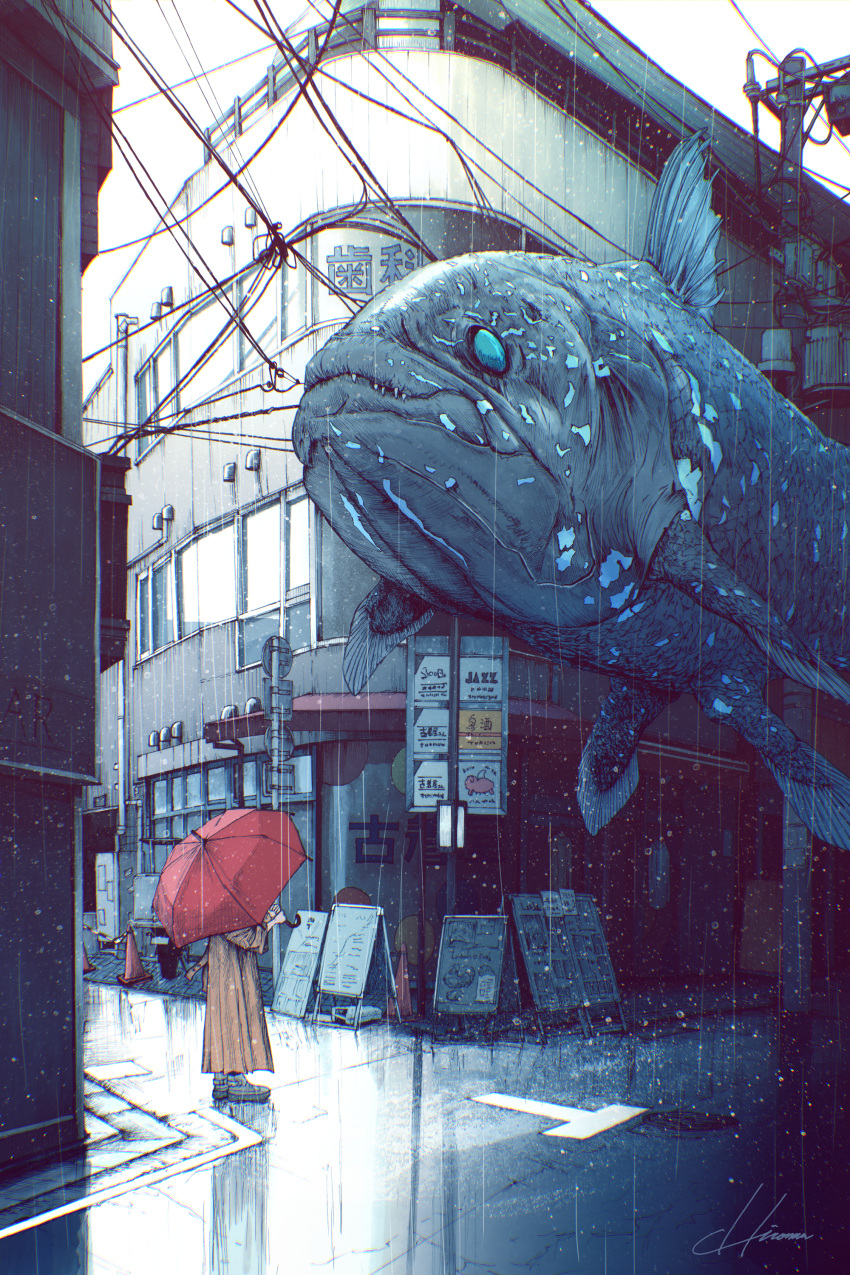 1other absurdres animal coelacanth fish flying_fish highres hiromumaru original outdoors oversized_animal power_lines rain raincoat red_umbrella road standing street umbrella urban