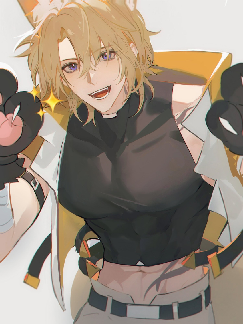 1boy abs animal_ear_fluff animal_ears animal_hands arm_strap bangs belt black_belt black_ribbon black_shirt blonde_hair blush claws collarbone commentary compression_shirt covered_collarbone cropped_jacket fangs gloves hair_between_eyes hands_up highres idown11 jacket looking_at_viewer luca_kaneshiro male_focus medium_hair navel nijisanji nijisanji_en open_clothes open_jacket open_mouth pants parted_bangs paw_gloves pectorals purple_eyes ribbon round_teeth shirt short_sidetail sidelocks simple_background sleeveless sleeveless_jacket sleeveless_shirt smile solo sparkle standing star_(symbol) stomach stomach_tattoo tattoo teeth two-sided_fabric two-sided_jacket virtual_youtuber white_background white_jacket