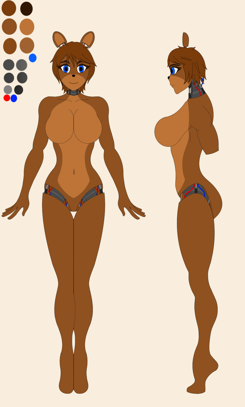 1girl absurdres android animal_ears bear_girl blue_eyes breasts brown_hair color_guide completely_nude dark_skin five_nights_at_freddy's five_nights_in_anime freddy_fazbear highres humanoid_robot joints multiple_views no_bra no_panties non-web_source nude original reference_sheet robot robot_ears robot_joints short_hair simple_background smile solo the_forgotten_soul